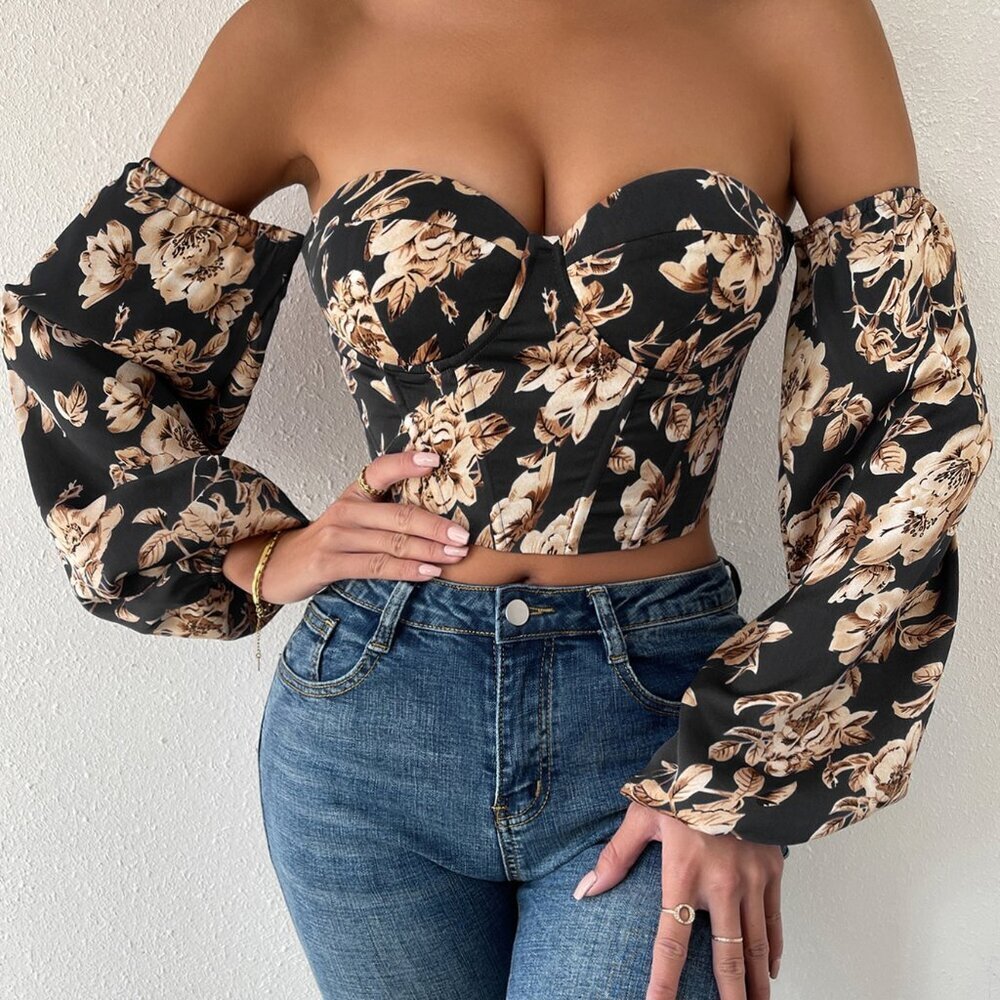 Multicolor Boho Women's Off Shoulder Floral Print Lantern Sleeve Crop Top